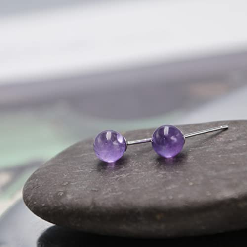 Natural Amethyst Earrings Sterling Silver - 6mm Amethyst Gemstone Stud Earrings, Purple Healing Crystal Earrings Handmade Birthstone Jewelry Gifts