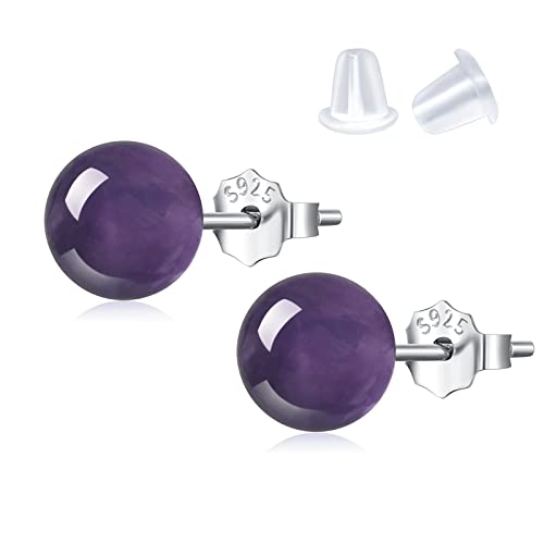 Natural Amethyst Earrings Sterling Silver - 6mm Amethyst Gemstone Stud Earrings, Purple Healing Crystal Earrings Handmade Birthstone Jewelry Gifts