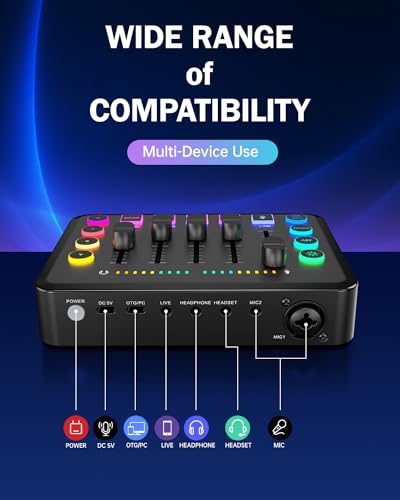 Gaming Audio Mixer, Audio Mixer for Streaming, Streaming RGB PC Mixer with XLR Microphone Interface, Volume Fader, 48V Phantom Power, for Podcast/Recording/Game Voice/Youtube/TikTok/Vocal