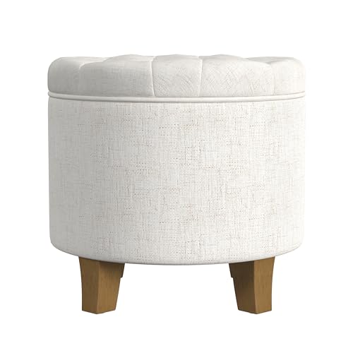 HomePop Home Decor | Upholstered Round Tufted Foot Rest Ottoman | Ottoman with Storage for Living Room & Bedroom | Decorative Home Furniture, Cream Textured Solid