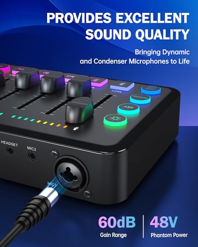 Gaming Audio Mixer, Audio Mixer for Streaming, Streaming RGB PC Mixer with XLR Microphone Interface, Volume Fader, 48V Phantom Power, for Podcast/Recording/Game Voice/Youtube/TikTok/Vocal