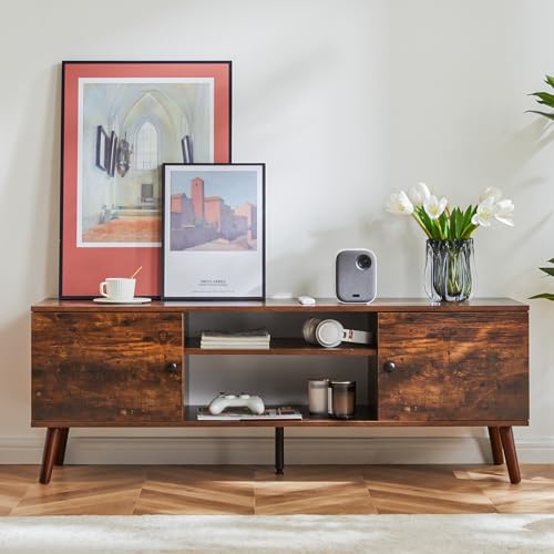 DUMOS TV Stand for 55 60 inch TV, Entertainment Center with Storage Cabinet, Mid Century Modern Media Console Table, Adjustable Hinge, Wooden Television Furniture for Living Room, Office, Retro Brown