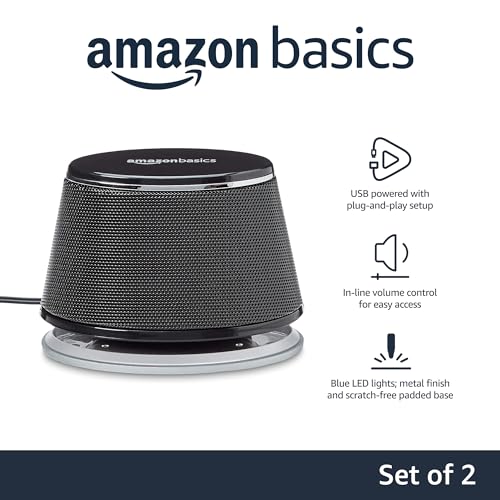 Amazon Basics USB Plug-n-Play Computer 2 Speakers for PC or Laptop, Black - Set of 2