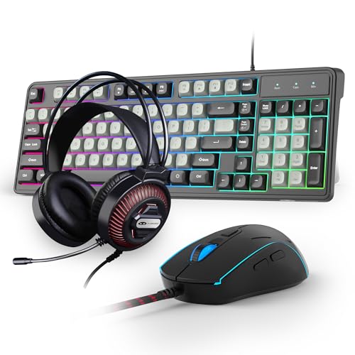 Camiysn Gaming Keyboard and Mouse Combo, 98-Key Layout Rainbow LED Backlit Keyboard and Mouse Gaming Headset Bundle, 3-in-1 Gamer Gift for PC Laptop, Black & Grey