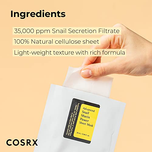 COSRX Snail Mucin Sheet Mask 10 EA, Snail Essence Leave-on Face Masks for Dry, Acne prone, Sensitive Skin, Snail Secretion Filtrate, Not Tested on Animals, No Parabens, No Sulfates, Korean Skincare