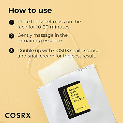 COSRX Snail Mucin Sheet Mask 10 EA, Snail Essence Leave-on Face Masks for Dry, Acne prone, Sensitive Skin, Snail Secretion Filtrate, Not Tested on Animals, No Parabens, No Sulfates, Korean Skincare