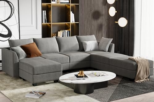 HONBAY Modular Sectional Sofa U Shaped Sectional Couch with Ottomans Reversible Modular Sofa 7 Seater Couch with Storage Seat, Grey