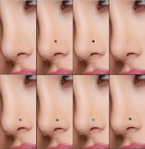 Enticera 2mm G23 Titanium Nose Rings Studs for Sensitive Skin 20g Handmade Small L Shaped Nose Rings for Women Men Round CZ Nose Piercing Jewelry Aquamarine