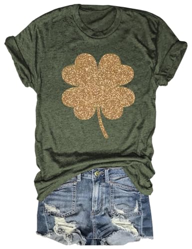 Women's St Patrick's Day T-Shirt Lucky Irish Shamrock Paddy's Day Graphic Tees Tops(1012-Army Green,S)