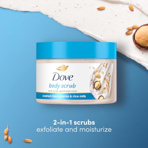 Dove Exfoliating Body Polish Scrub Reveals Visibly Smoother Skin Macadamia & Rice Milk Body Scrub That Nourishes Skin, 10.5 oz, 4 Count