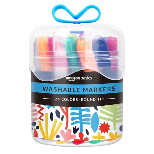 Amazon Basics Washable Round Tip Assorted School Marker Pens, Pack of 24 Colors