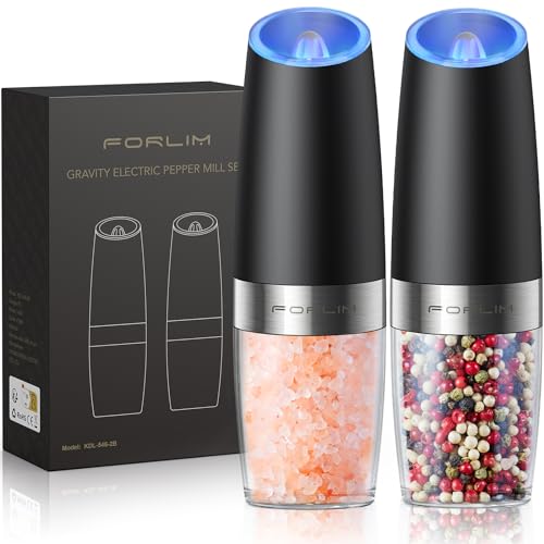 FORLIM Gravity Electric Salt and Pepper Grinder Set, Automatic Pepper Grinder Shakers Mill, Battery Powered Adjustable Coarseness with LED, One Hand Operation Perfect for Kitchen, Restaurants, Outdoor