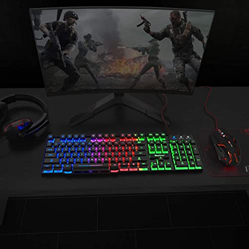 BlueFinger RGB Gaming Keyboard and Backlit Mouse and Headset Combo,USB Wired Backlit Keyboard,LED Gaming Keyboard Mouse Set,Headset with Microphone for Laptop PC Computer Game and Work