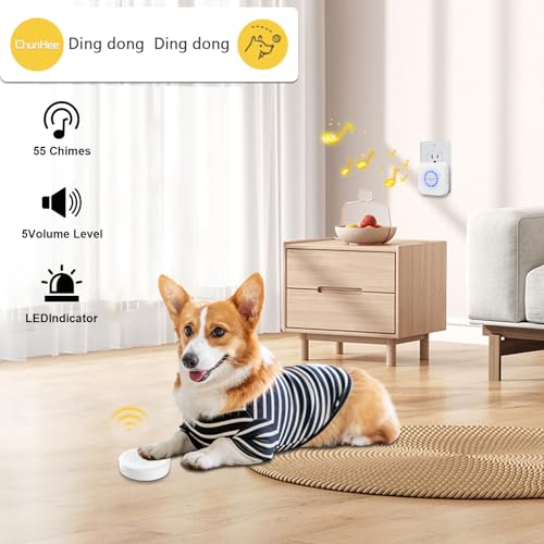 ChunHee Wireless Dog Door Bell, Potty Training to go Outside Light Touch Activation Doggy to Ring to Go Potty,Volume Adjustment (0-110) 55 Ringtones, Includes 2Trigger Buttons and 1Receiver.