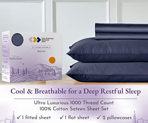 California Design Den Luxury 4 Piece Queen Size Sheet Set - 1000 Thread Count, 100% Cotton Sateen, Deep Pocket Fitted and Flat Sheets, Includes Pillowcase Set, Soft and Thick Cotton - Deep Blue