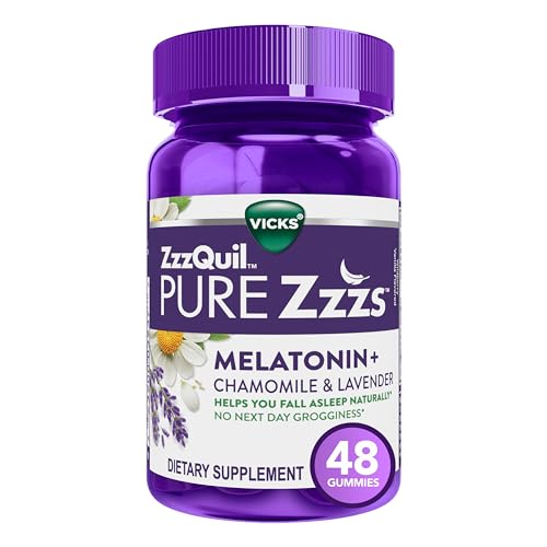 ZzzQuil PURE Zzzs, Melatonin Sleep Aid Gummies with Lavender, Valerian Root and Chamomile, Natural Wildberry Vanilla Flavor, Non-Habit Forming, Drug-Free, 48 Count (Pack of 1)