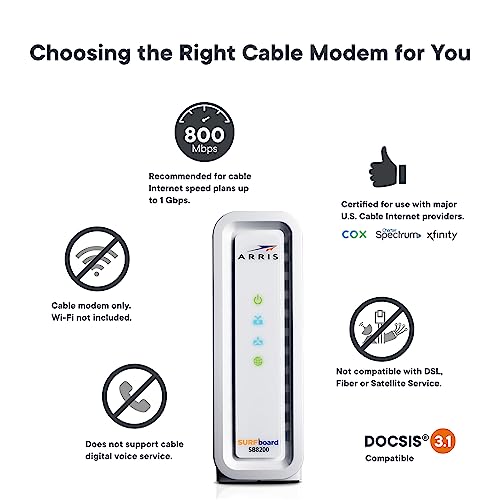 ARRIS SURFboard SB8200 DOCSIS 3.1 Cable Modem , Approved for Comcast Xfinity, Cox, Charter Spectrum, & more , Two 1 Gbps Ports , 1 Gbps Max Internet Speeds , 4 OFDM Channels