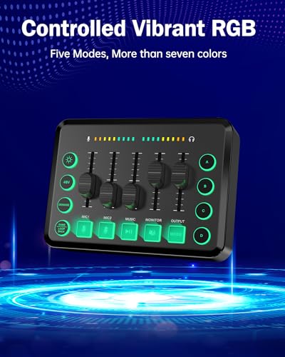 Gaming Audio Mixer, Audio Mixer for Streaming, Streaming RGB PC Mixer with XLR Microphone Interface, Volume Fader, 48V Phantom Power, for Podcast/Recording/Game Voice/Youtube/TikTok/Vocal