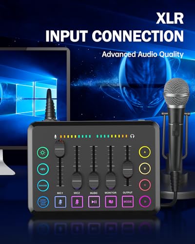 Gaming Audio Mixer, Audio Mixer for Streaming, Streaming RGB PC Mixer with XLR Microphone Interface, Volume Fader, 48V Phantom Power, for Podcast/Recording/Game Voice/Youtube/TikTok/Vocal