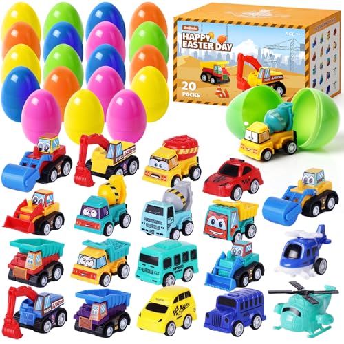 ZenBombs Easter Eggs with Toys Inside-20 PCS Colorful Plastic Easter Eggs Filled with Toy Vehicles for Kids-Surprise Egg for Easter Egg Hunt, Basket Stuffers and Birthday Party Favors