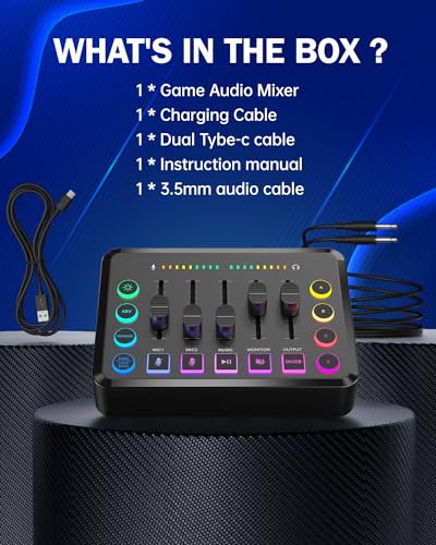 Gaming Audio Mixer, Audio Mixer for Streaming, Streaming RGB PC Mixer with XLR Microphone Interface, Volume Fader, 48V Phantom Power, for Podcast/Recording/Game Voice/Youtube/TikTok/Vocal