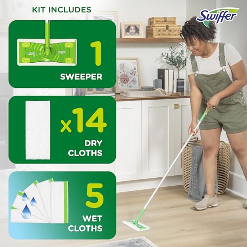 Swiffer Sweeper 2-in-1 Mops for Floor Cleaning, Dry and Wet Multi Surface Floor Cleaner, Sweeping and Mopping Starter Kit, Includes 1 Mop + 19 Refills, 20 Piece Set