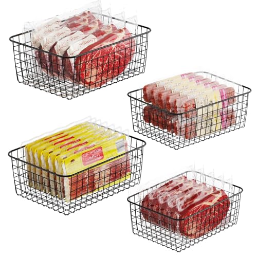 iSPECLE Freezer Organizer Bins - 4 Pack Upright Freezer Baskets for 16, 17, 21 cu.ft Standup Freezer, Sort and Easily Get Food, Durable Freezer Organizer Fully Use Space Improve Air Circulate, Black