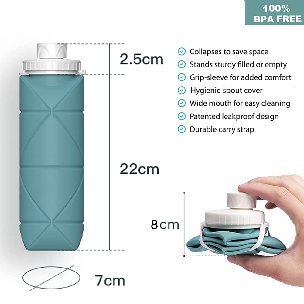 SPECIAL MADE Collapsible Water Bottles Leakproof Valve Reusable BPA Free Silicone Foldable Travel Water Bottle for Gym Camping Hiking Travel Sports Lightweight Durable 20oz Dark Green