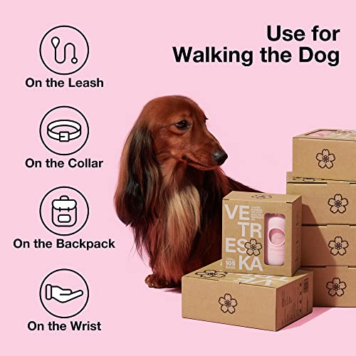 VETRESKA Dog Poop Bag Dispenser with Cherry Blossom Scented Bags, Leak Proof, Extra Thick Waste 1 Count Holder and 105 Bags for Walking Cats Litter, Pink