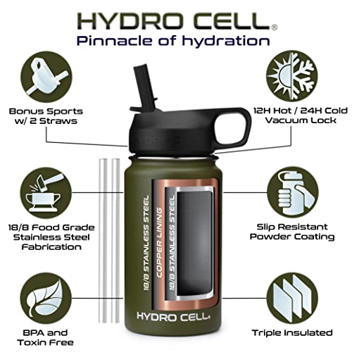 HYDRO CELL Stainless Steel Insulated Water Bottle with Straw - For Cold & Hot Drinks - Metal Vacuum Flask with Screw Cap and Modern Leakproof Sport Thermos for Kids & Adults (Army 14oz)