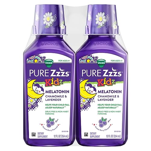 VICKS PURE Zzzs Kidz, Liquid Melatonin Sleep Aid for Kids and Children, Helps Your Child Fall Asleep Naturally, Low Dose Melatonin, Berry Flavored, 12oz x 2