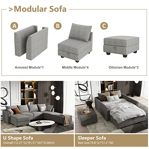 HONBAY Modular Sectional Sofa U Shaped Sectional Couch with Ottomans Reversible Modular Sofa 7 Seater Couch with Storage Seat, Grey