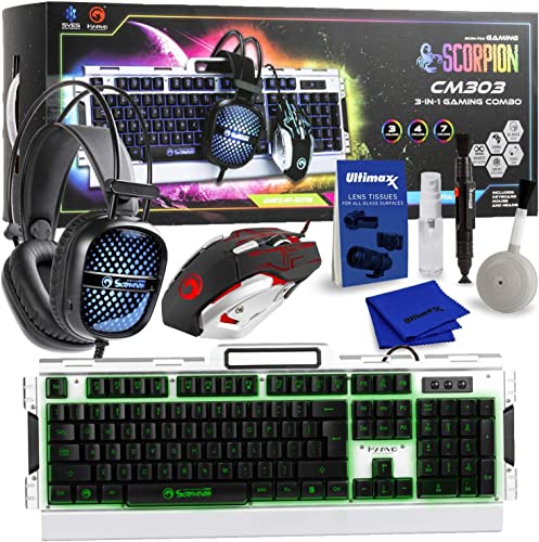 Ultimaxx Marvo CM303 Scorpion 3-in-1 Backlit Gaming Combo - Includes: Full Size Keyboard, Mouse & Headset Plus Deluxe Cleaning Kit