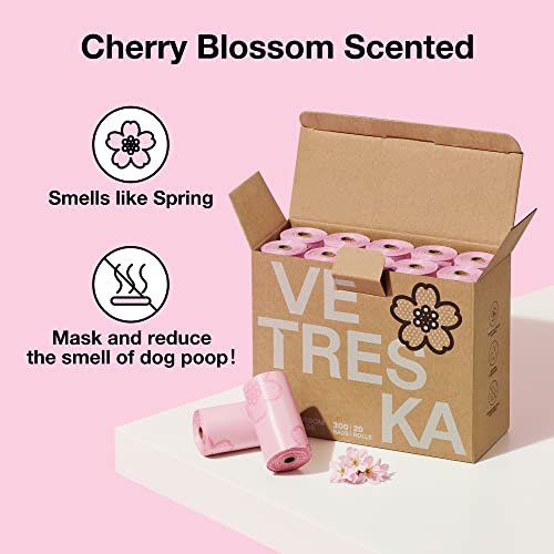 VETRESKA Dog Poop Bag Dispenser with Cherry Blossom Scented Bags, Leak Proof, Extra Thick Waste 1 Count Holder and 105 Bags for Walking Cats Litter, Pink