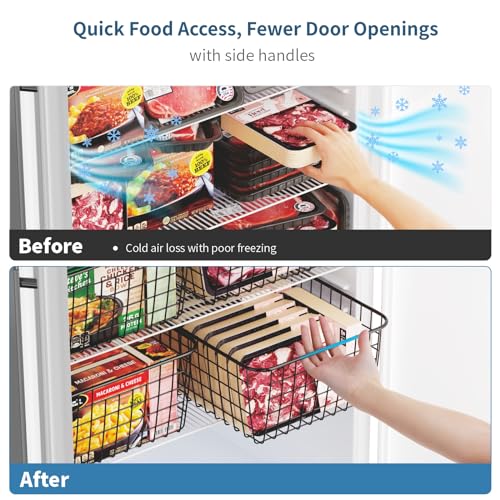 iSPECLE Freezer Organizer Bins - 4 Pack Upright Freezer Baskets for 16, 17, 21 cu.ft Standup Freezer, Sort and Easily Get Food, Durable Freezer Organizer Fully Use Space Improve Air Circulate, Black