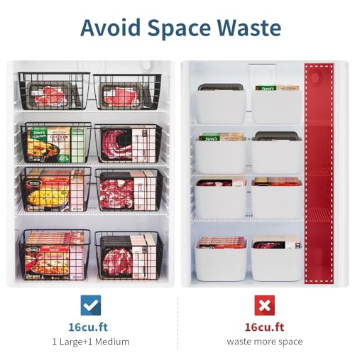 iSPECLE Freezer Organizer Bins - 4 Pack Upright Freezer Baskets for 16, 17, 21 cu.ft Standup Freezer, Sort and Easily Get Food, Durable Freezer Organizer Fully Use Space Improve Air Circulate, Black