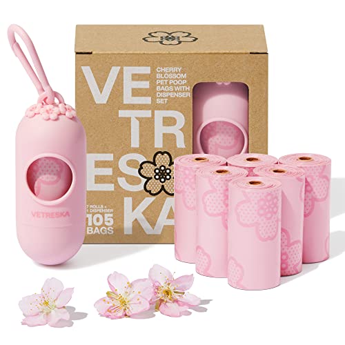 VETRESKA Dog Poop Bag Dispenser with Cherry Blossom Scented Bags, Leak Proof, Extra Thick Waste 1 Count Holder and 105 Bags for Walking Cats Litter, Pink