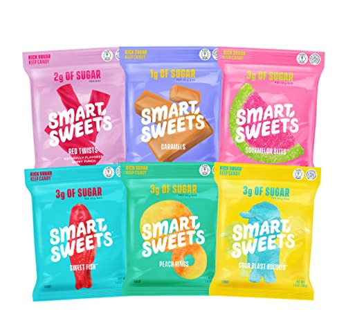 SmartSweets Variety Pack Sampler, Pack of 6 Individual Flavors, Low Sugar & Calorie Candy - Sweet Fish, Sourmelon Bites, Peach Rings, Sour Blast Buddies, Red Twists, & New Soft Caramels