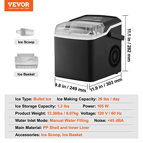 VEVOR Ice Maker Countertop, 26lbs in 24 Hours,9 Cubes Ready in 7 Minutes, Self Cleaning Countertop Ice Maker with Scoop and Basket for Home Kitchen Camping Office