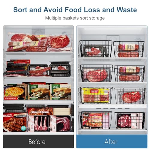 iSPECLE Freezer Organizer Bins - 4 Pack Upright Freezer Baskets for 16, 17, 21 cu.ft Standup Freezer, Sort and Easily Get Food, Durable Freezer Organizer Fully Use Space Improve Air Circulate, Black