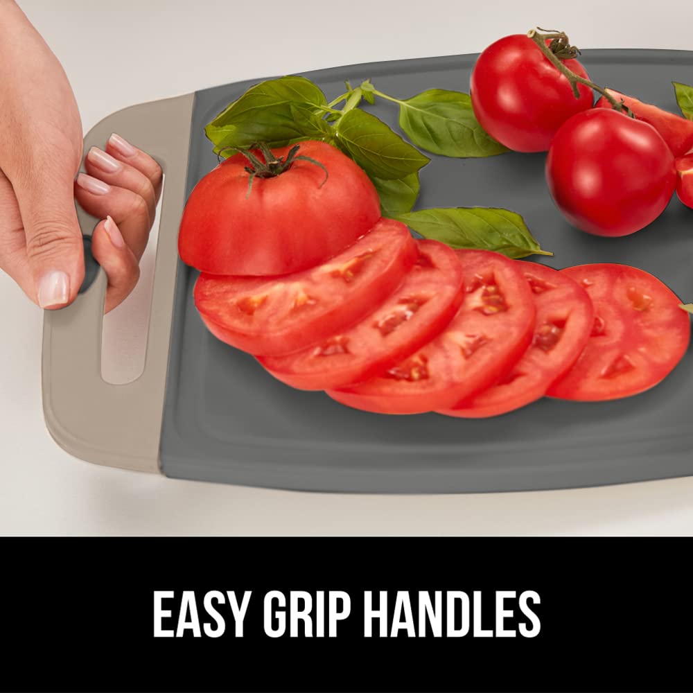 The Original Gorilla Grip Oversized 100% BPA Free Reversible Durable Kitchen Cutting Board Set of 3, Juice Grooves, Dishwasher Safe, Easy Grip Handle Border, Food Chopping Boards, Cooking, Almond Gray