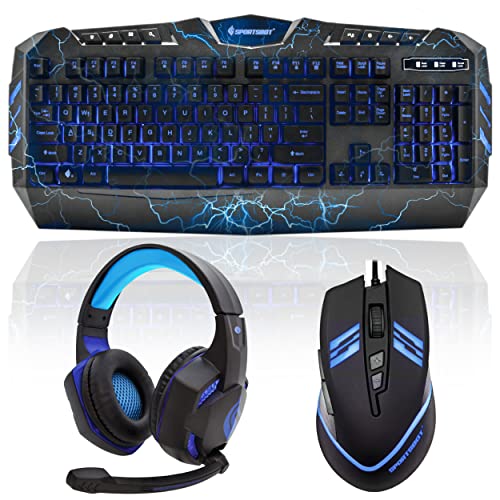 Soundbot SportsBot SS301 Blue LED Gaming Over-Ear Headset Headphone, Keyboard & Mouse Combo Set w/ 40mm Speaker Driver, Microphone, Multimedia Keys & Window Key Lock, 4 DPI Levels (BLU)