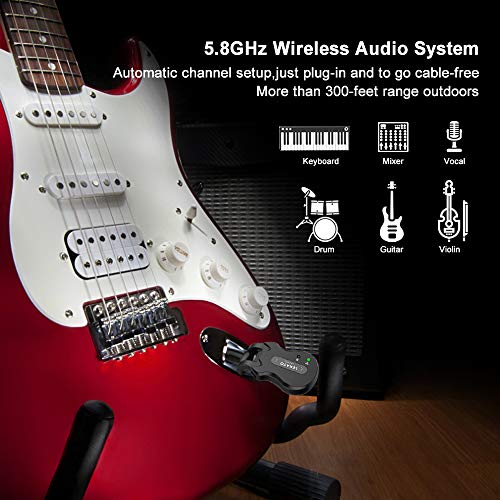 LEKATO Wireless Guitar System 5.8 Wireless Guitar Transmitter Receiver Rechargeable Audio Wireless Transmitter Receiver 4 Channels Transmission Range for Electric Guitar Bass (Black)