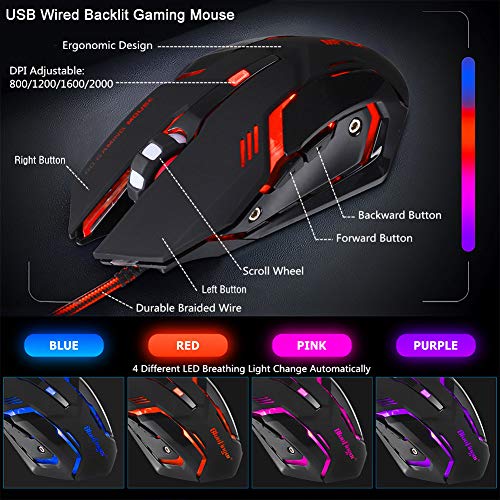 BlueFinger RGB Gaming Keyboard and Backlit Mouse and Headset Combo,USB Wired Backlit Keyboard,LED Gaming Keyboard Mouse Set,Headset with Microphone for Laptop PC Computer Game and Work