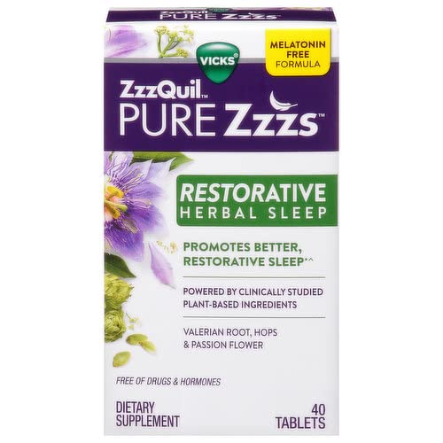 Vicks Zzzquil Pure Zzzs, Restorative Herbal Sleep, Melatonin Free Plant-Based Sleep Supplement, 40 Tablets (Pack of 4)