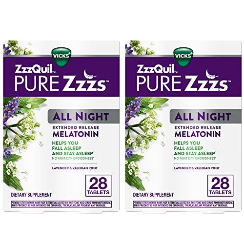 ZzzQuil PURE Zzzs All Night Extended Release, Melatonin Sleep Aid Tablets, Helps You Stay Asleep Longer, Sleep Aid for Adults, 2 mg per tablet, 28 Count (2 Pack)