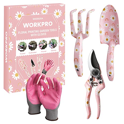 WORKPRO Aluminum Garden Tool Set, 4PCS Heavy Duty Hand Garden Tools with Box Include Trowel, Rake, Pruner, Garden Gloves, Pink, Garden Gifts