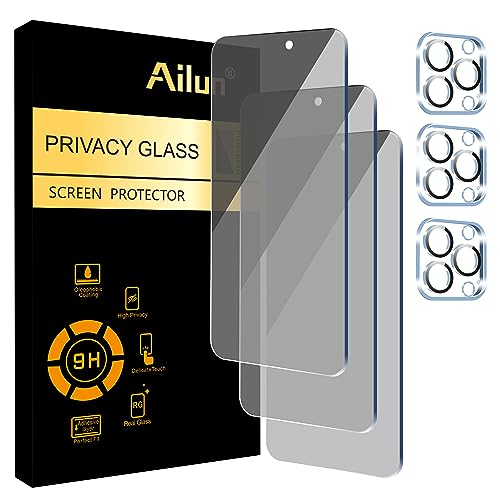 Ailun 3Pack Privacy Screen Protector for iPhone 15 Pro Max [6.7 inch]+3Pack Camera Lens Protector,Sensor Protection,Dynamic Island Compatible,Anti Spy Tempered Glass[9H Hardness]-HD[Black][6 Pack]