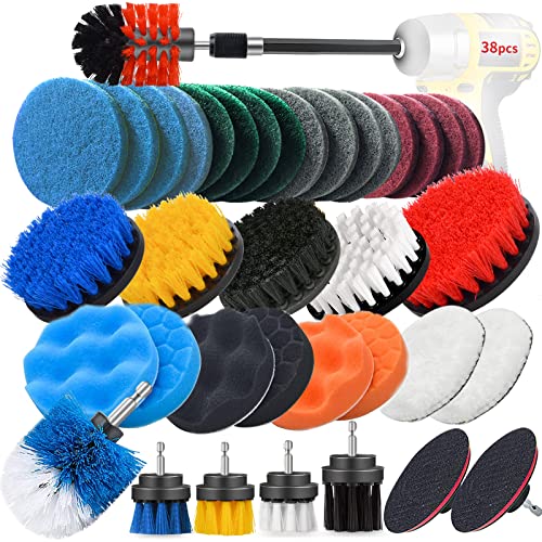 JUSONEY Drill Brush Scrub Pads 38 Piece Power Scrubber Cleaning Kit - All Purpose Cleaner Scrubbing Cordless Drill for Cleaning Pool Tile, Sinks, Bathtub, Brick, Ceramic, Marble, Auto, Boat