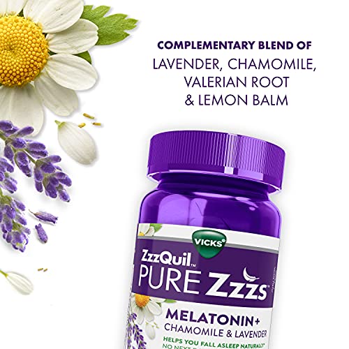 ZzzQuil PURE Zzzs, Melatonin Sleep Aid Gummies with Lavender, Valerian Root and Chamomile, Natural Wildberry Vanilla Flavor, Non-Habit Forming, Drug-Free, 48 Count (Pack of 1)